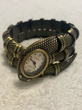 Vintage Kenneth Jay Lane Snake Wrap Quartz Watch in Antique Brass Tone